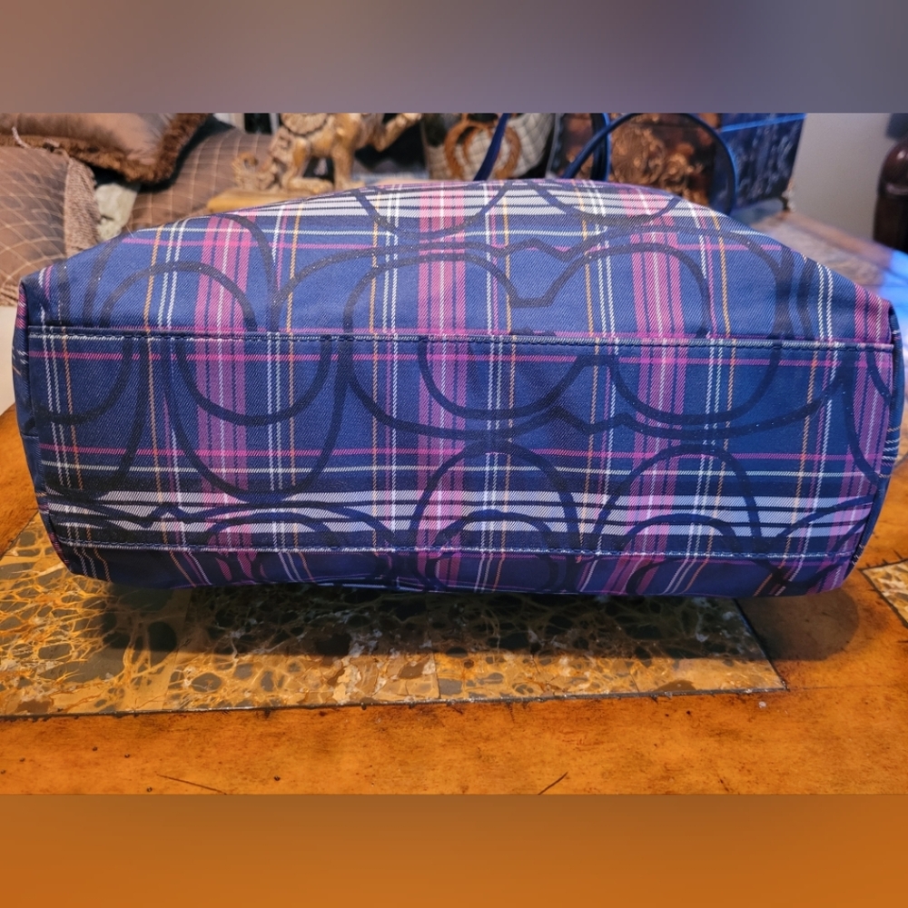 Coach Tartan Poppy Blue and Pink Plaid Tote Bag - Picture 5 of 9
